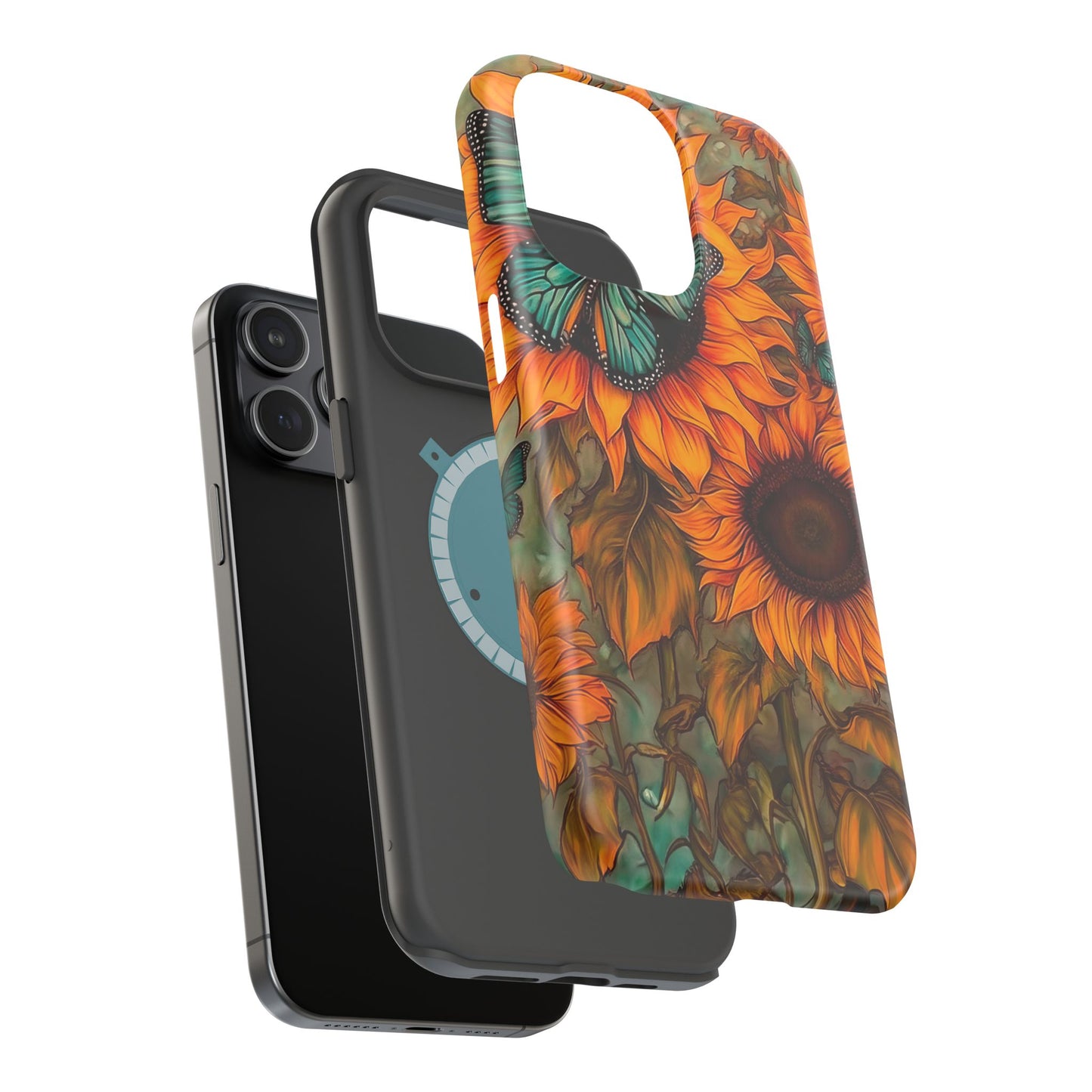 Vintage Blue Butterfly & Sunflower Art – MagSafe iPhone Case