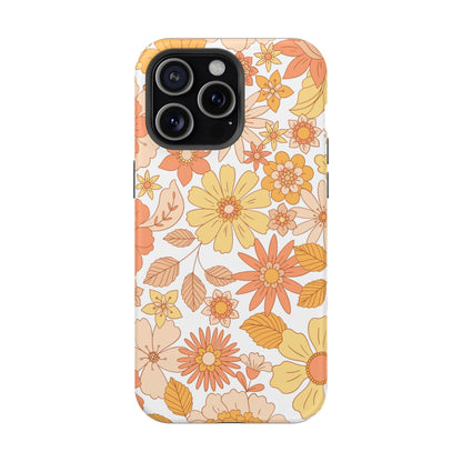 Vintage Floral Bloom MagSafe iPhone Case – Warm Orange & Yellow Retro Flower Design with Matte Finish