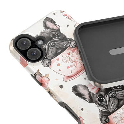 French Bulldogs in Teacups MagSafe iPhone Case – Cute Dog Design with Hearts & Bows, Shockproof & Slim