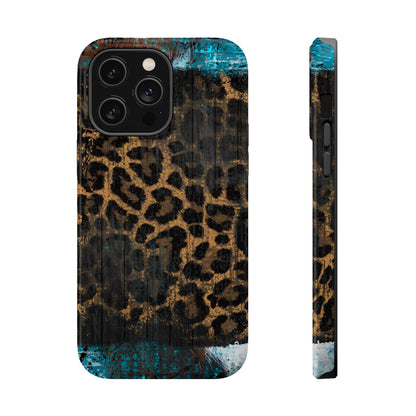 Boho Leopard and Turquoise Tough MagSafe iPhone Case – Rustic Western Design with Dual-Layer Protection