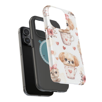 Cute Puppies in Heart MagSafe iPhone Case – Adorable Dog & Floral Design, Shockproof & Slim