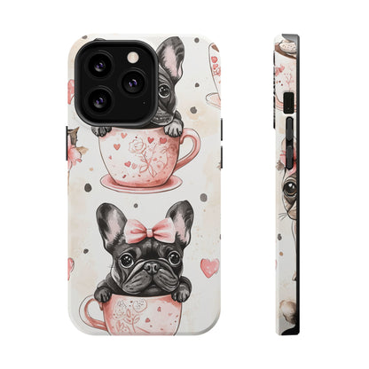 French Bulldogs in Teacups MagSafe iPhone Case – Cute Dog Design with Hearts & Bows, Shockproof & Slim