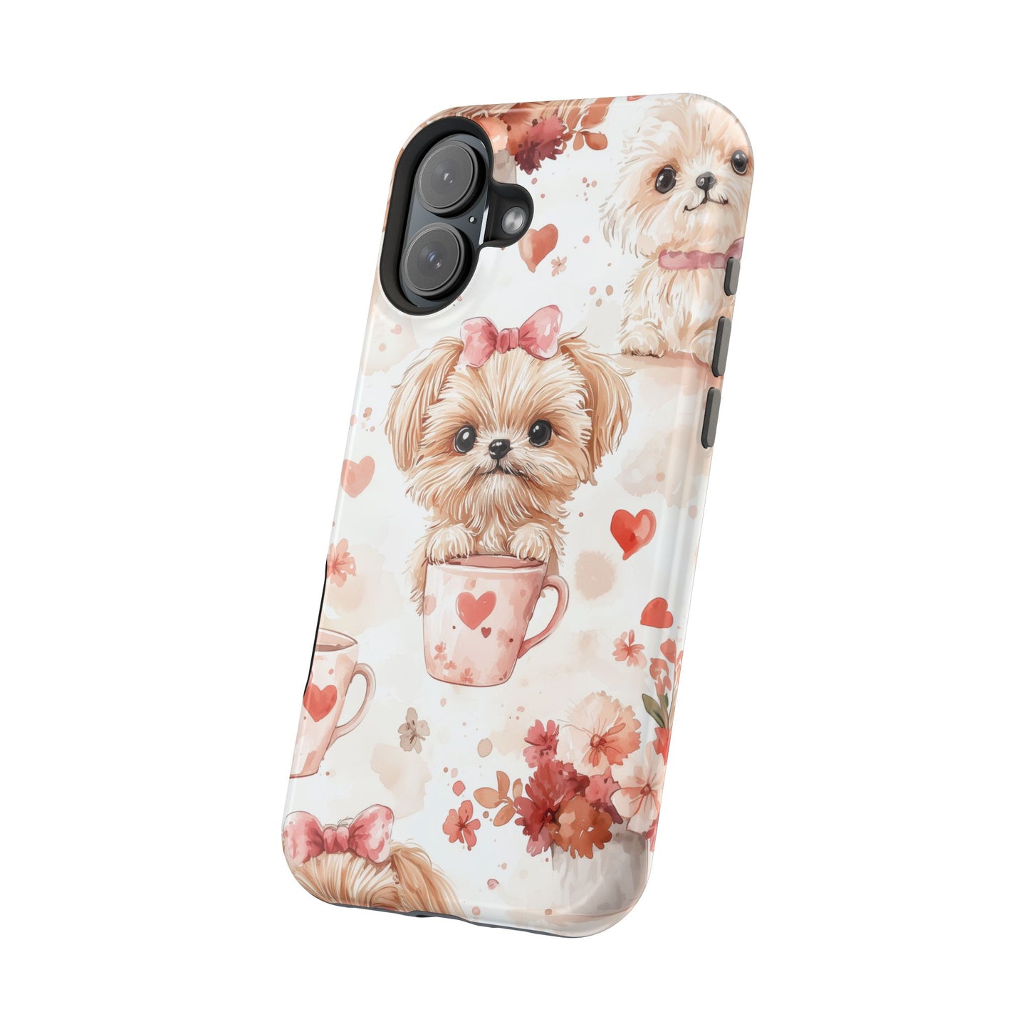 Puppies & Heart Mugs MagSafe iPhone Case – Sweet Dog & Floral Design, Shockproof & Slim