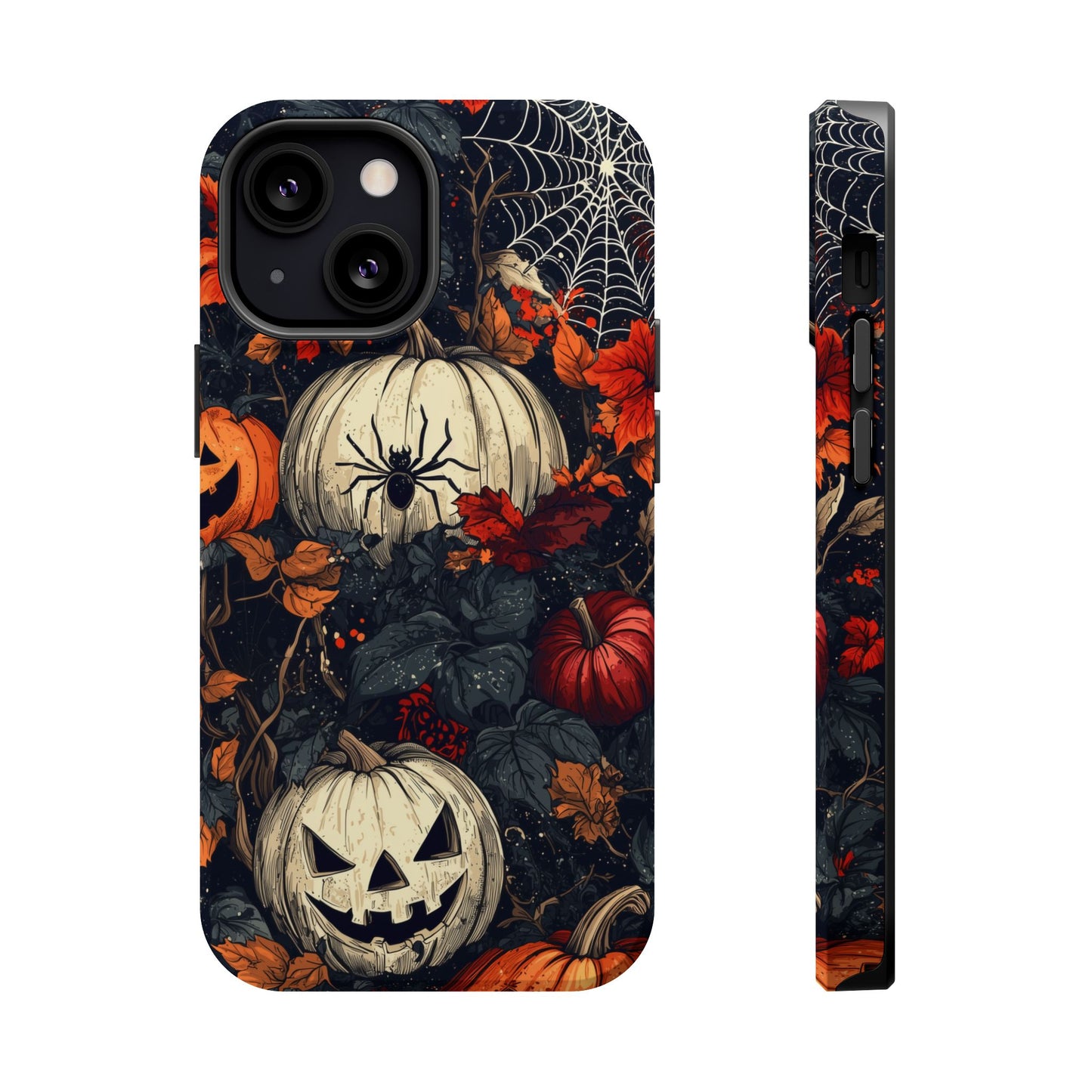 Hauntingly Elegant Halloween MagSafe iPhone Case – Pumpkins, Spiders, and Autumn Leaves Design