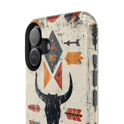 Tribal Bull Skull & Arrows Tough MagSafe iPhone Case – Rustic Western Design, Dual-Layer Protection