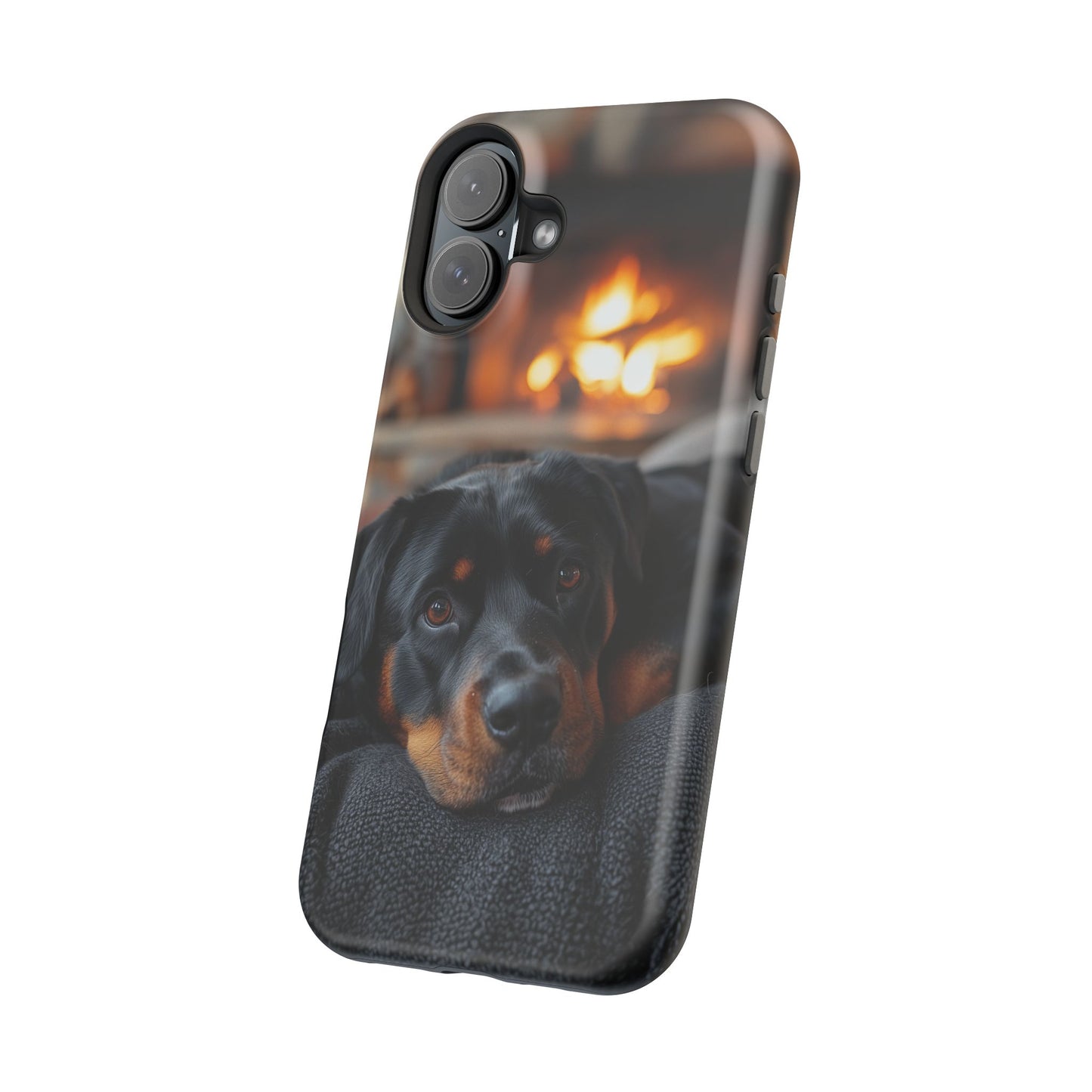 Charming Rottweiler by the Fireplace MagSafe iPhone Case – Cozy & Functional Design