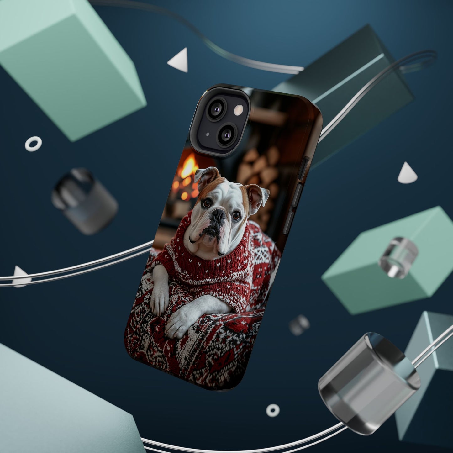 Cozy Bulldog in Sweater MagSafe iPhone Case – Festive Fireplace Protective Cover