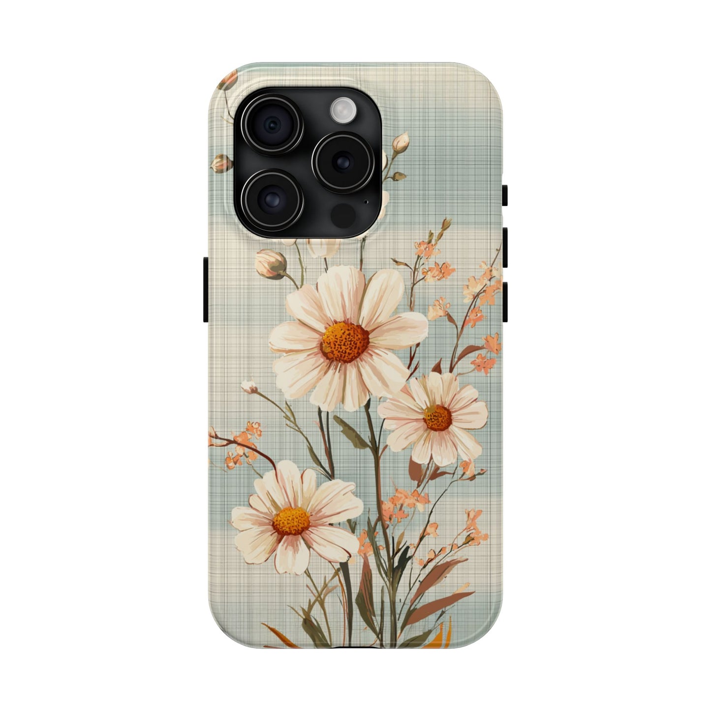 Vintage Plaid & Daisy Floral Tough iPhone Case – Dual-Layer Protection with Retro Flower Design