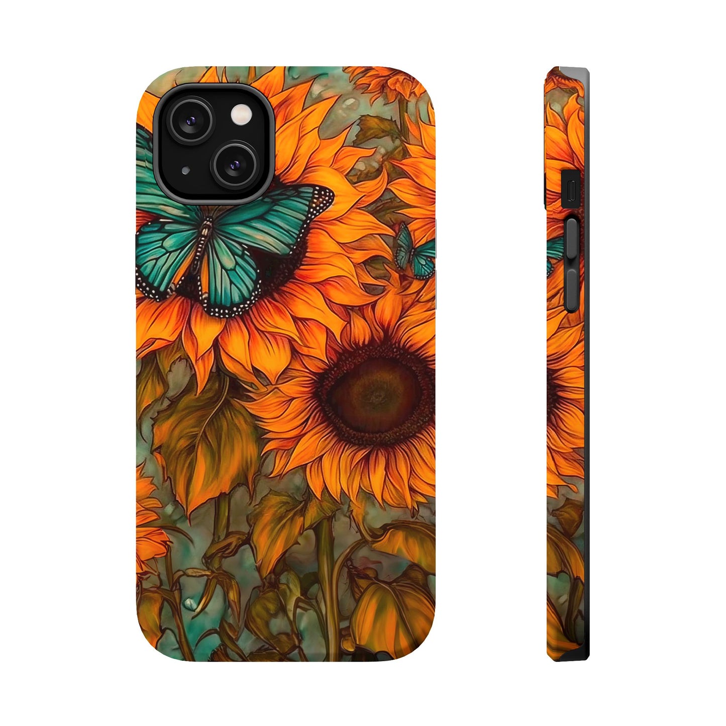 Vintage Blue Butterfly & Sunflower Art – MagSafe iPhone Case