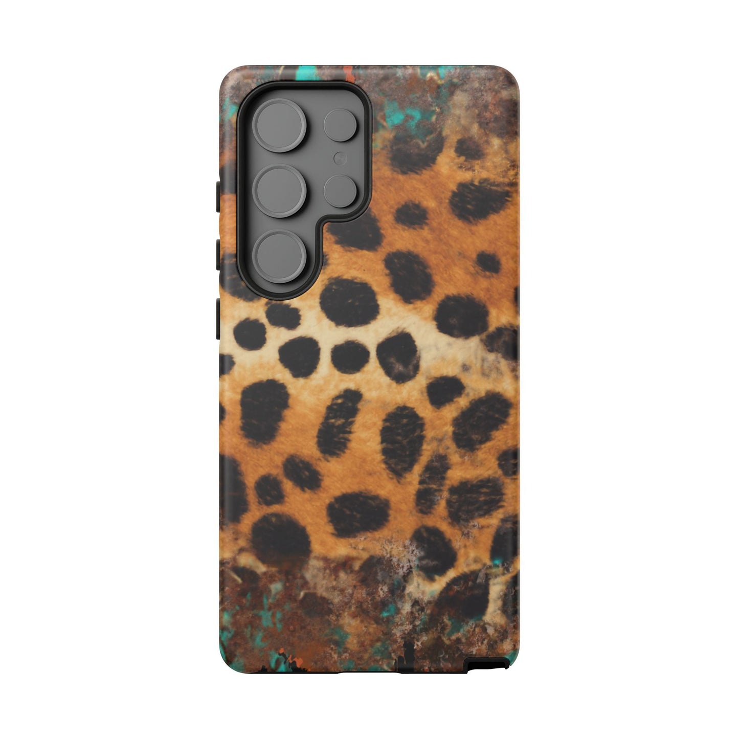 Rustic Leopard Print Tough Samsung Galaxy Case – Distressed Turquoise and Animal Pattern with Dual-Layer Protection