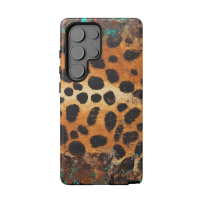 Rustic Leopard Print Tough Samsung Galaxy Case – Distressed Turquoise and Animal Pattern with Dual-Layer Protection