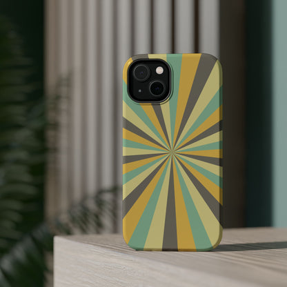 Vintage Sunburst Rays MagSafe iPhone Case – Bold 70s-Inspired Burst in Yellow, Mint, and Gray