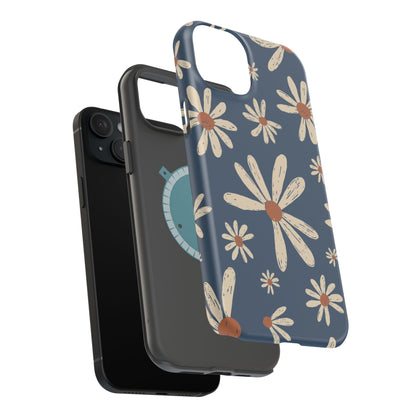 Vintage Daisies MagSafe iPhone Case – Navy Blue Floral Design, Scratch-Resistant with Shock-Absorbing Bumper