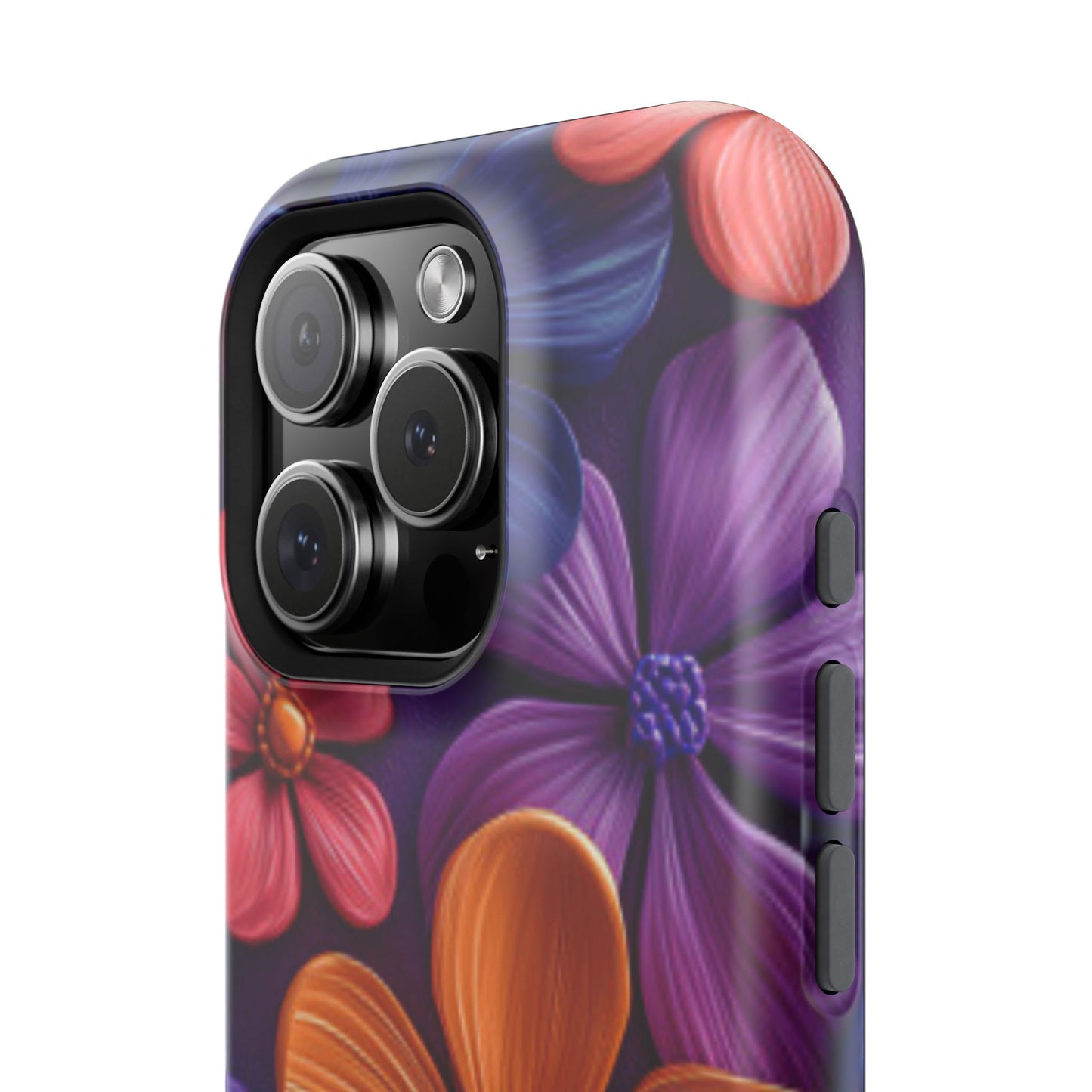 Bold Floral 3D MagSafe iPhone Case – Vivid Purple and Orange Flower Design, Shock-Resistant