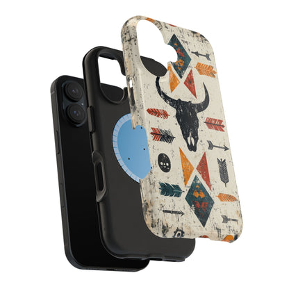 Tribal Bull Skull & Arrows Tough MagSafe iPhone Case – Rustic Western Design, Dual-Layer Protection