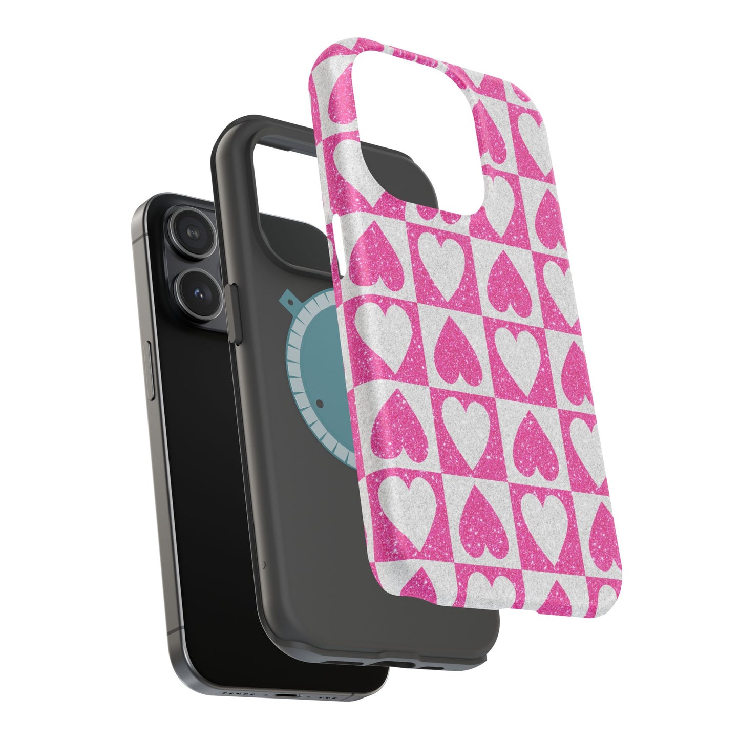 Pink Glitter Heart Checkered Pattern MagSafe Case