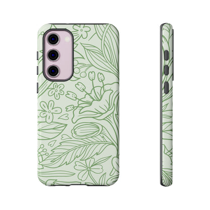 Sage Green Floral Line Art Tough Samsung Galaxy Case – Minimalist Botanical Design with Dual-Layer Protection