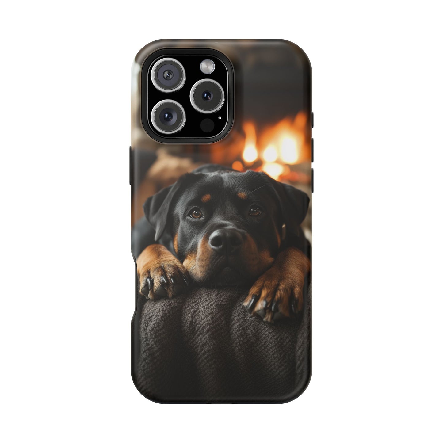 Cozy Rottweiler by the Fireplace MagSafe iPhone Case – Warm Rustic Design