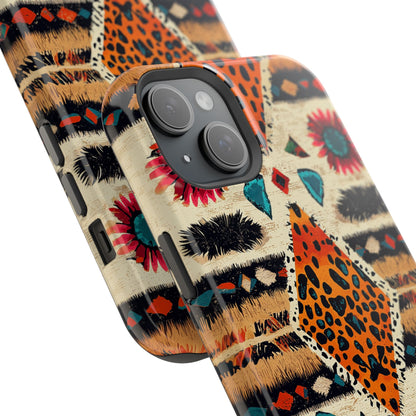 Wild Boho Leopard Print & Floral Tough MagSafe iPhone Case – Eclectic Tribal Design, Dual-Layer Protection