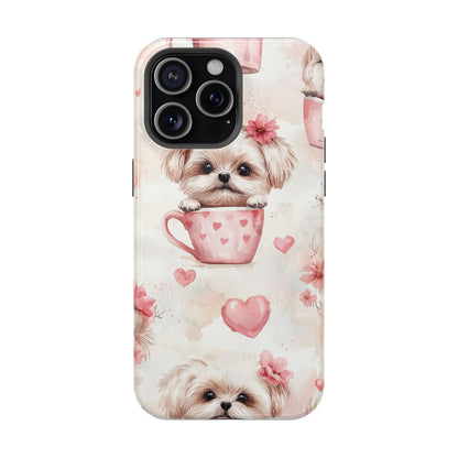 Floral Puppy in Teacup MagSafe iPhone Case – Cute Pink Flower Design, Tough Dual-Layer Protection