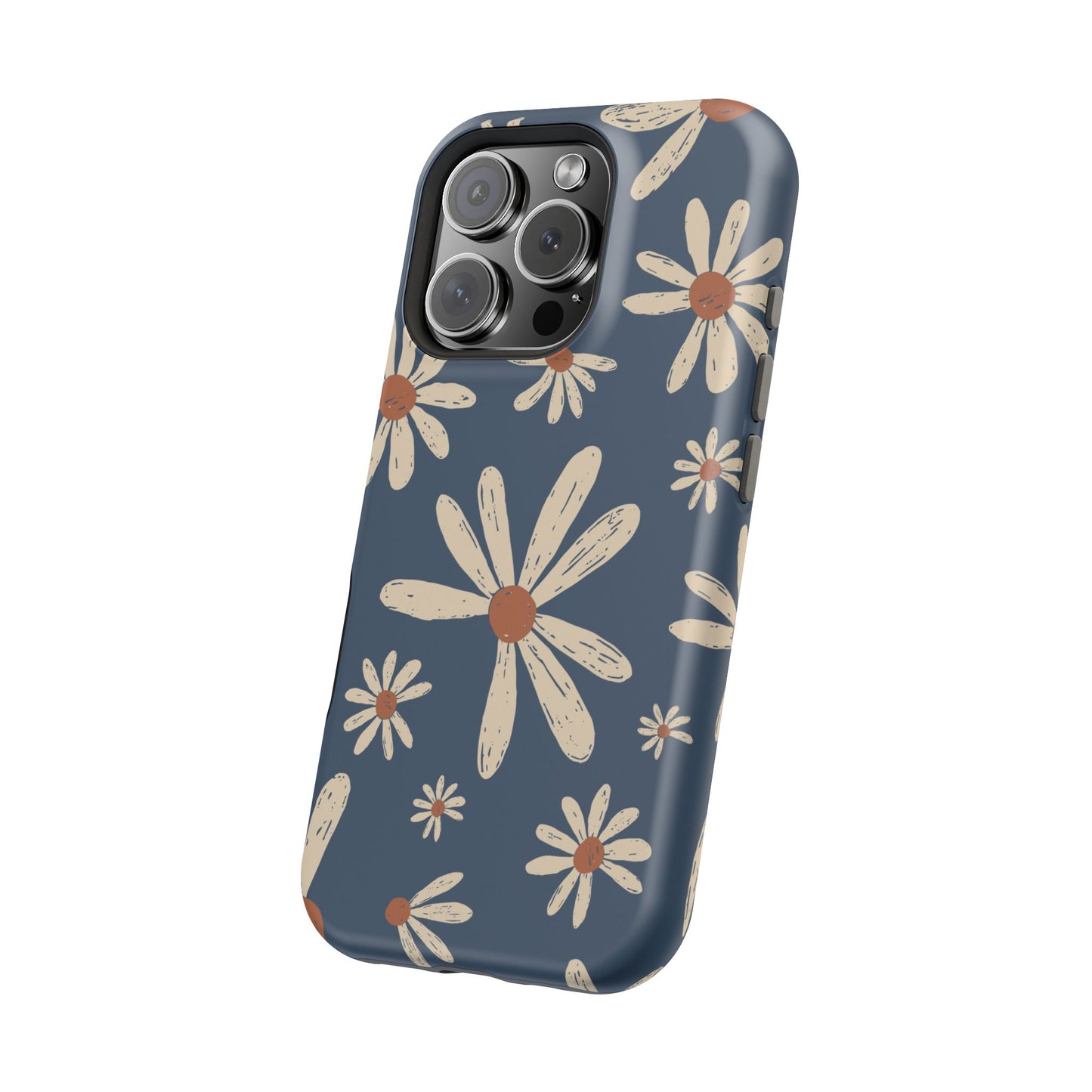 Vintage Daisies MagSafe iPhone Case – Navy Blue Floral Design, Scratch-Resistant with Shock-Absorbing Bumper