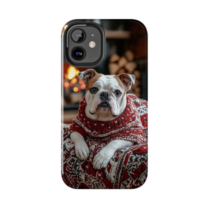 Cozy Bulldog in Sweater iPhone Case – Festive Fireplace Protective Cover