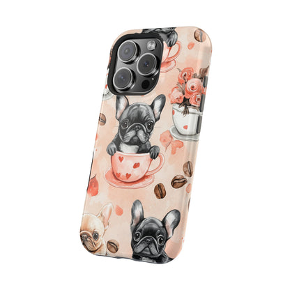 French Bulldogs in Heart Teacups MagSafe iPhone Case – Cute Dog & Floral Design, Shockproof Protection