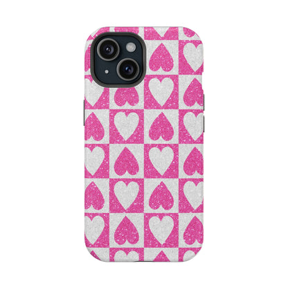 Pink Glitter Heart Checkered Pattern MagSafe Case