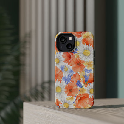 Watercolor Wildflower Pattern MagSafe iPhone Case – Durable Matte Finish with Daisy, Poppy & Cornflower Design