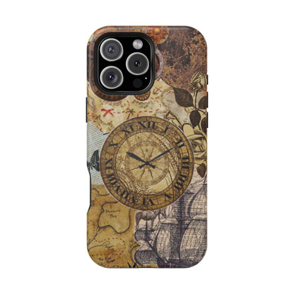 Steampunk Vintage Adventure MagSafe iPhone Case – Dual-Layer Protection with Antique Map and Clock Design