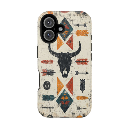 Tribal Bull Skull & Arrows Tough MagSafe iPhone Case – Rustic Western Design, Dual-Layer Protection