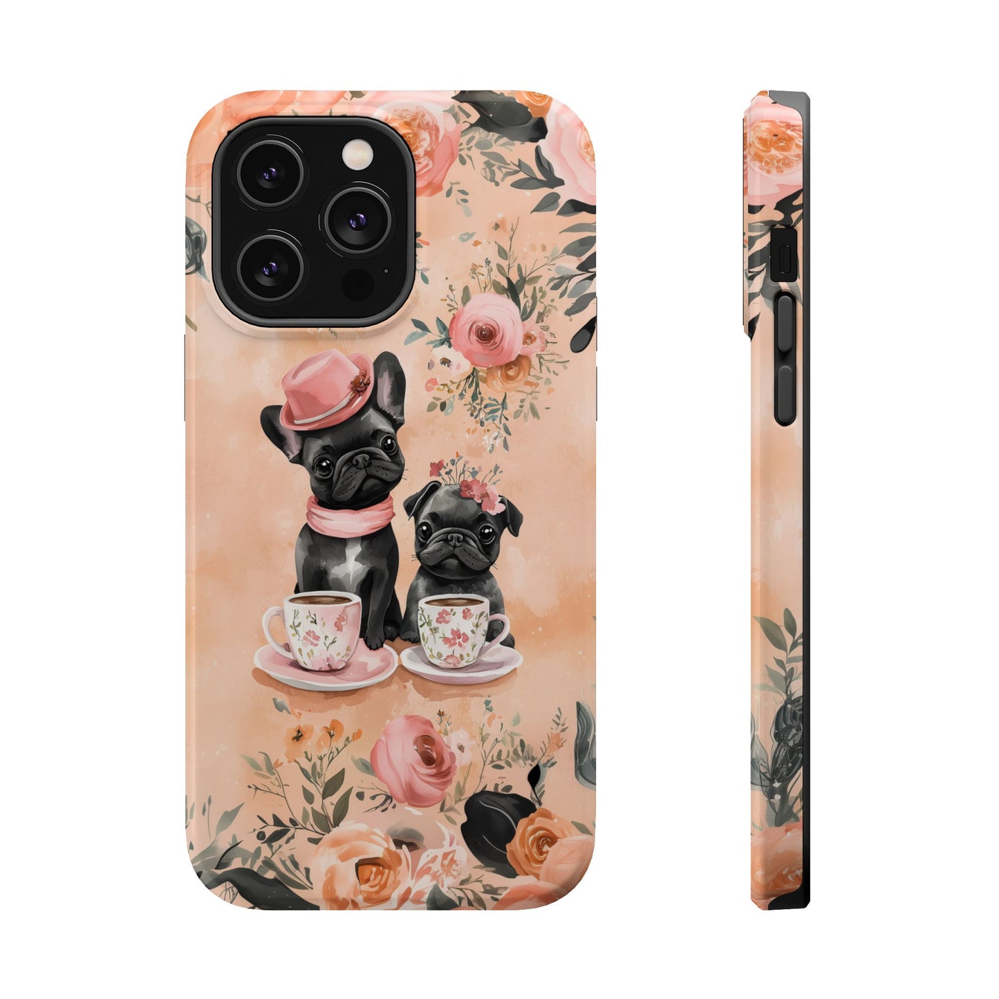 Floral French Bulldogs MagSafe iPhone Case – Elegant Dog Design with Tea Cups & Roses, Shockproof Protection