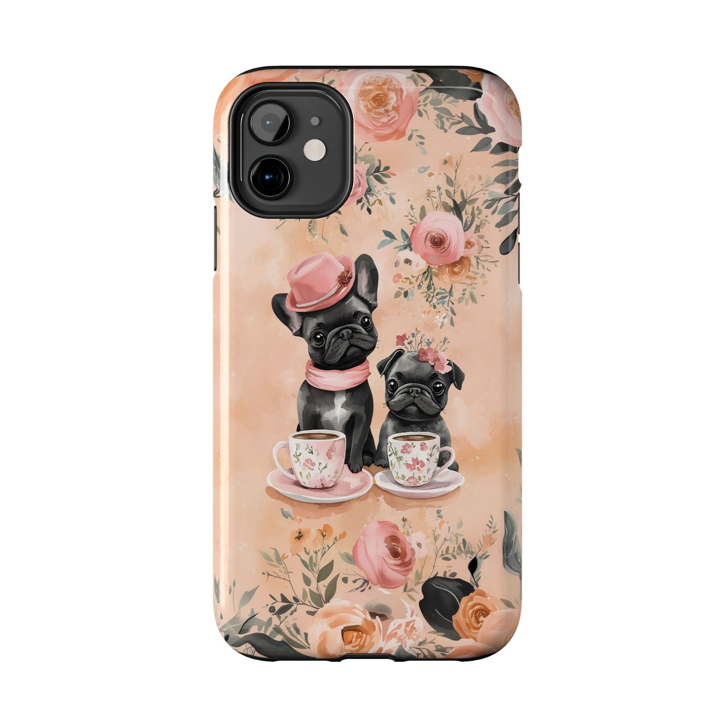 Floral French Bulldogs iPhone Case – Elegant Dog Design with Tea Cups & Roses, Shockproof Protection - BOGO Cases