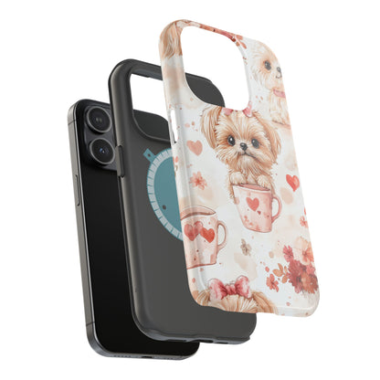 Puppies & Heart Mugs MagSafe iPhone Case – Sweet Dog & Floral Design, Shockproof & Slim