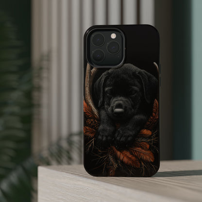 Charming Black Labrador Puppy on Feathers MagSafe iPhone Case