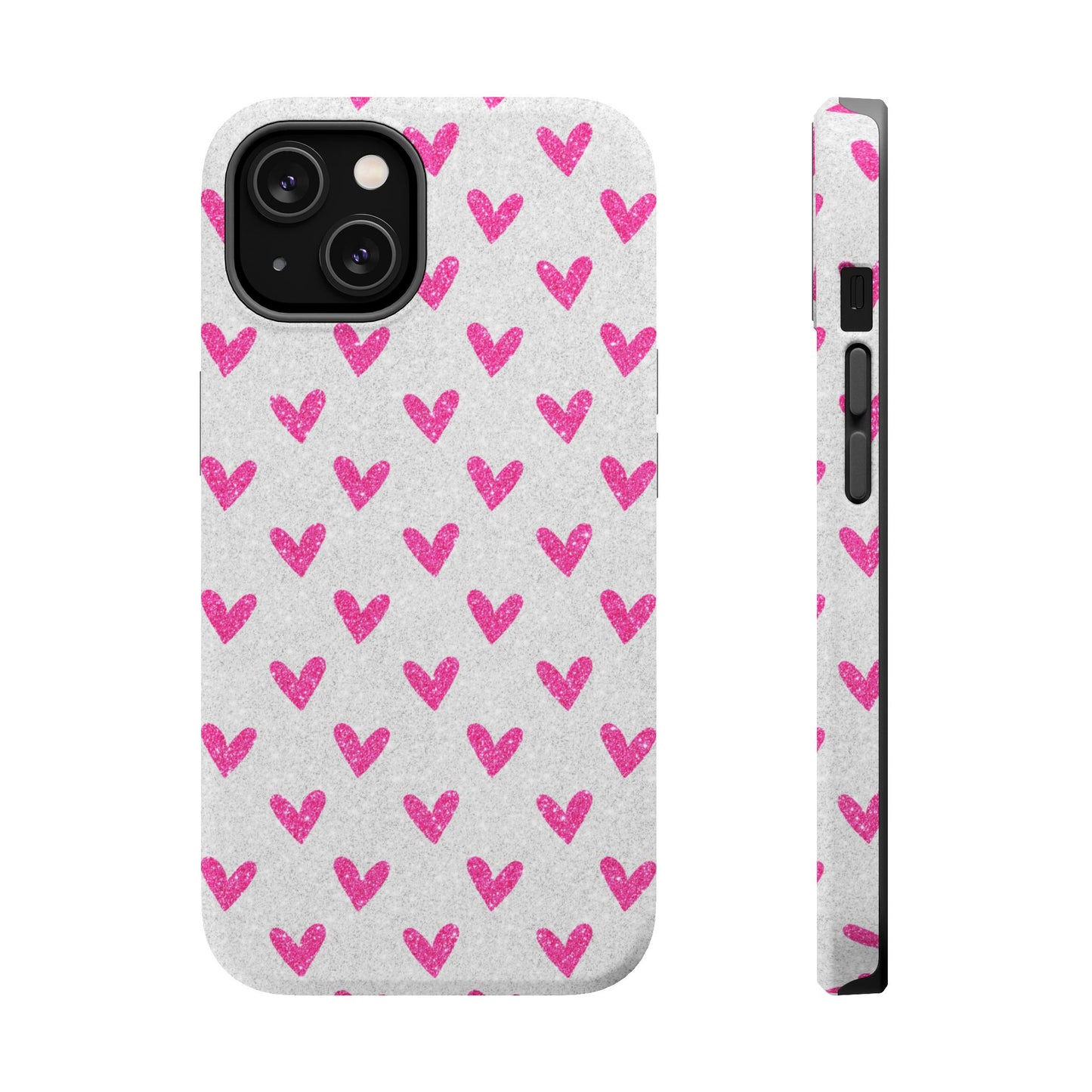 Pink Hearts on Glitter Silver – MagSafe iPhone Case