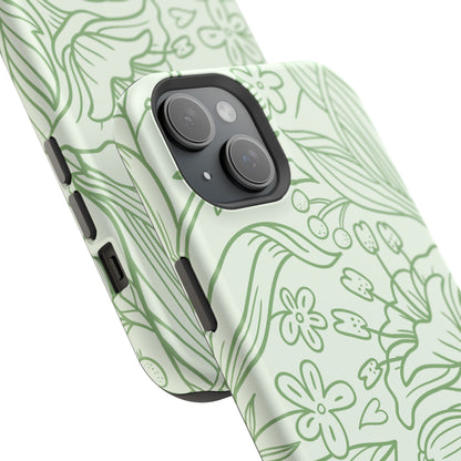 Sage Green Floral Line Art Tough MagSafe iPhone Case – Minimalist Botanical Design with Dual-Layer Protection