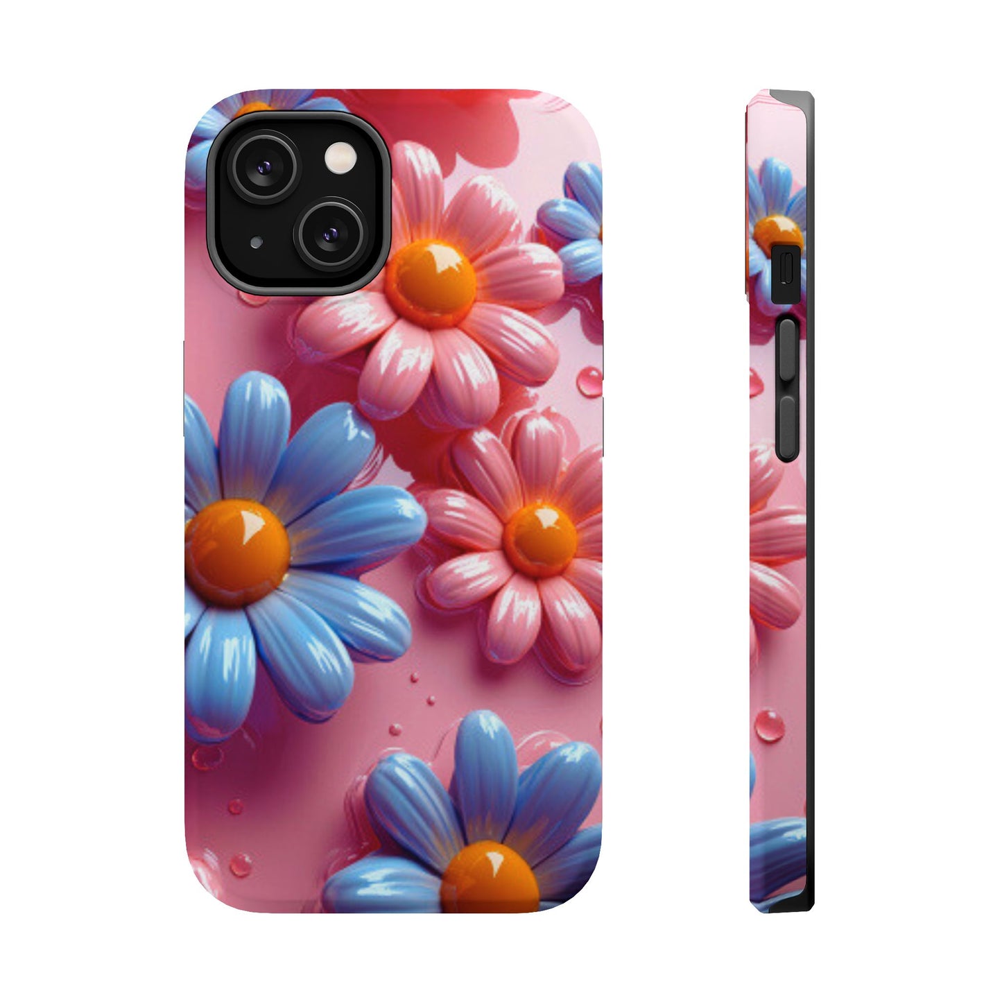 Pastel Daisy 3D MagSafe iPhone Case – Glossy Pink and Blue Floral Design, Full Protection