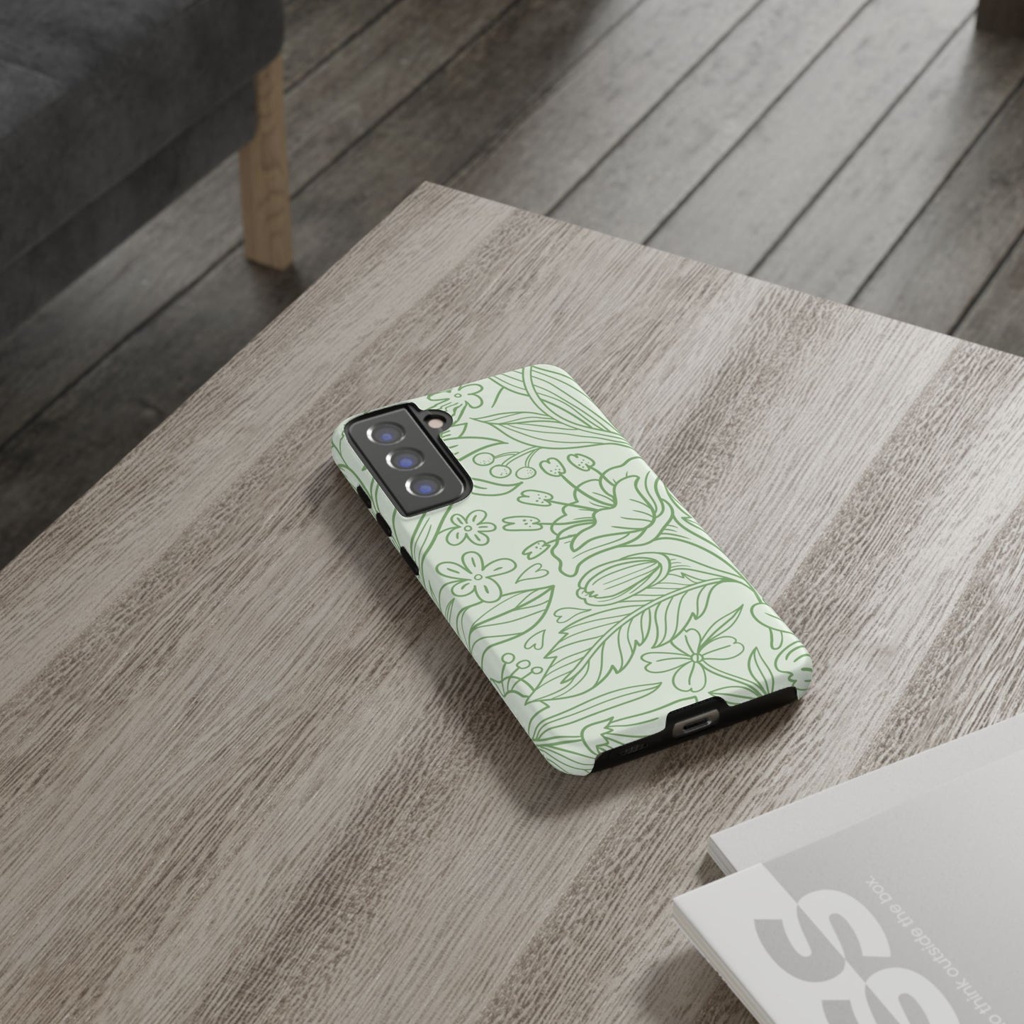 Sage Green Floral Line Art Tough Samsung Galaxy Case – Minimalist Botanical Design with Dual-Layer Protection