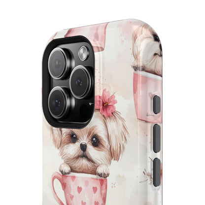 Floral Puppy in Teacup MagSafe iPhone Case – Cute Pink Flower Design, Tough Dual-Layer Protection