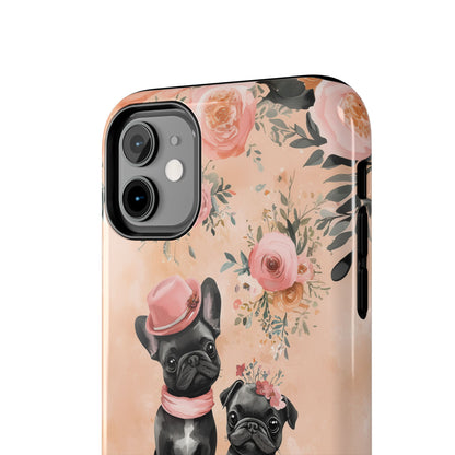 Floral French Bulldogs iPhone Case – Elegant Dog Design with Tea Cups & Roses, Shockproof Protection - BOGO Cases