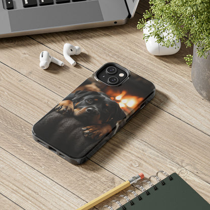 Cozy Rottweiler by the Fireplace iPhone Case – Warm Rustic Design