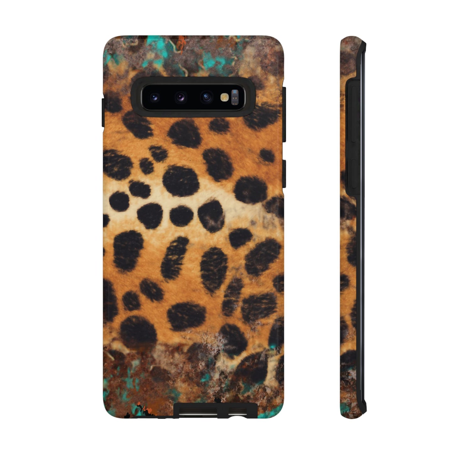 Rustic Leopard Print Tough Samsung Galaxy Case – Distressed Turquoise and Animal Pattern with Dual-Layer Protection