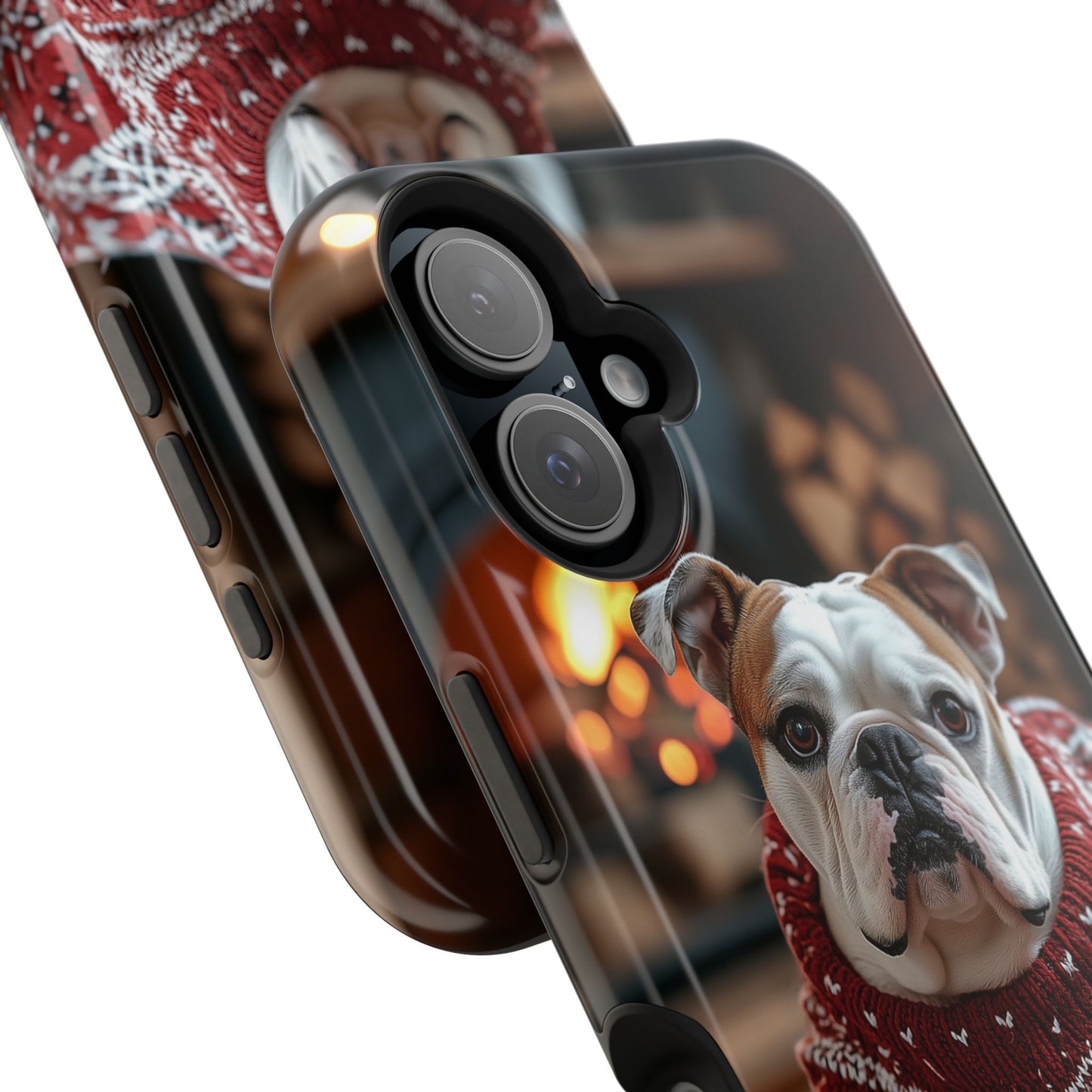 Cozy Bulldog in Sweater MagSafe iPhone Case – Festive Fireplace Protective Cover