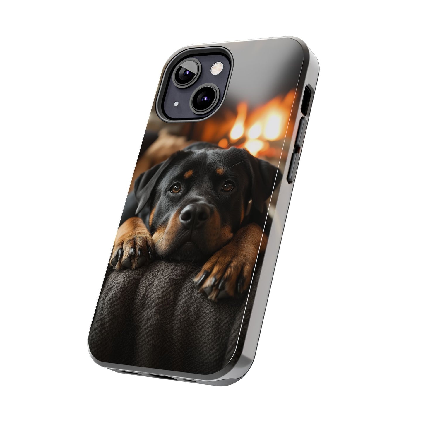 Cozy Rottweiler by the Fireplace iPhone Case – Warm Rustic Design