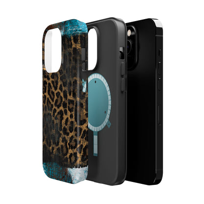 Boho Leopard and Turquoise Tough MagSafe iPhone Case – Rustic Western Design with Dual-Layer Protection