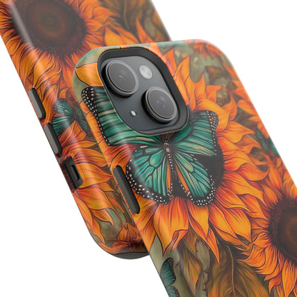 Vintage Blue Butterfly & Sunflower Art – MagSafe iPhone Case