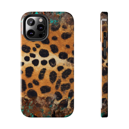 Rustic Leopard Print Tough iPhone Case – Distressed Turquoise and Animal Pattern with Dual-Layer Protection