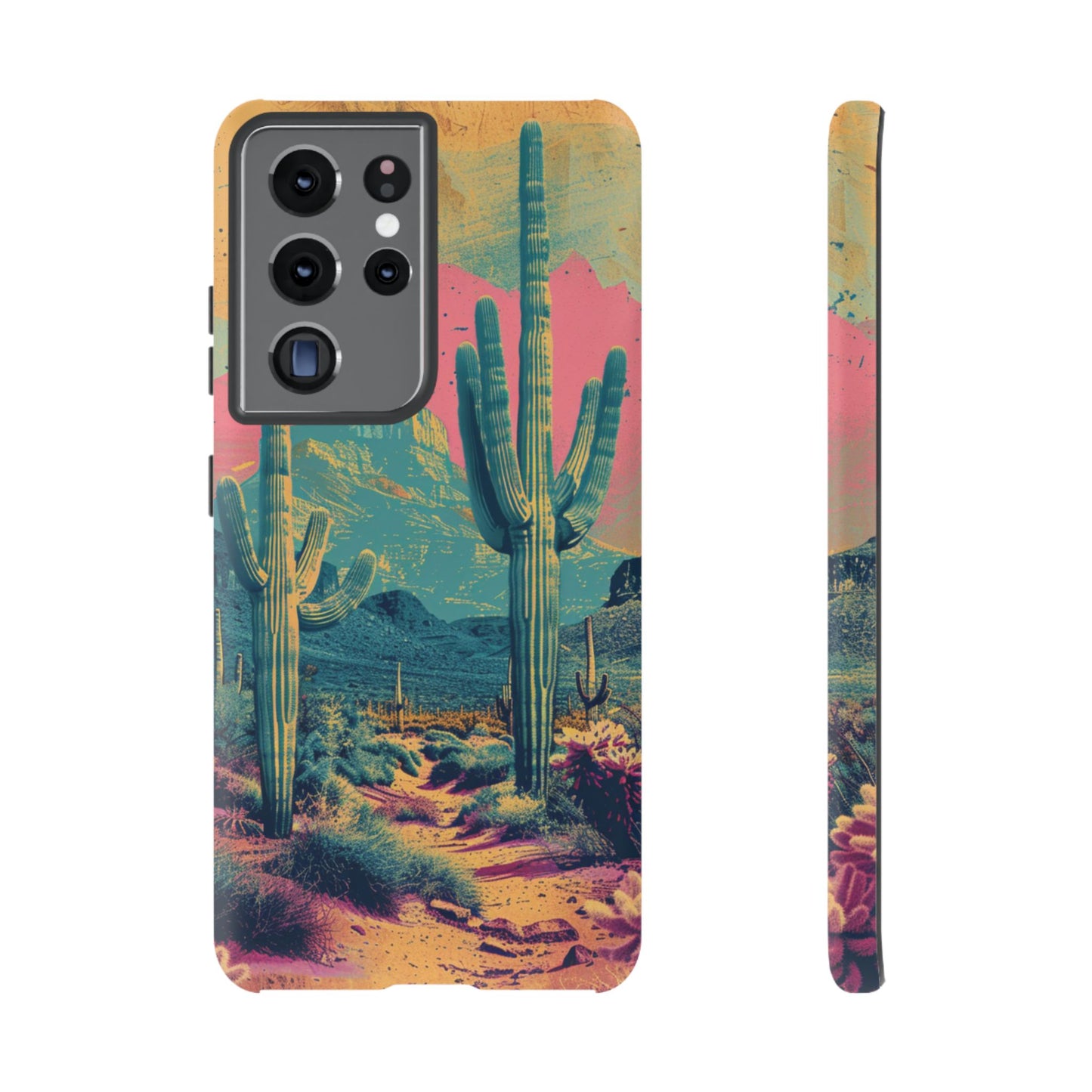 Desert Oasis Retro Cactus Phone Case - Vibrant Sunset Landscape for iPhone 15/14/13/12, Samsung S24/S23/S22/S21, & Google Pixel