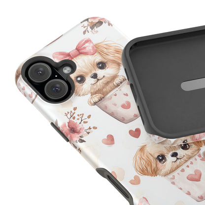 Cute Puppies in Heart MagSafe iPhone Case – Adorable Dog & Floral Design, Shockproof & Slim